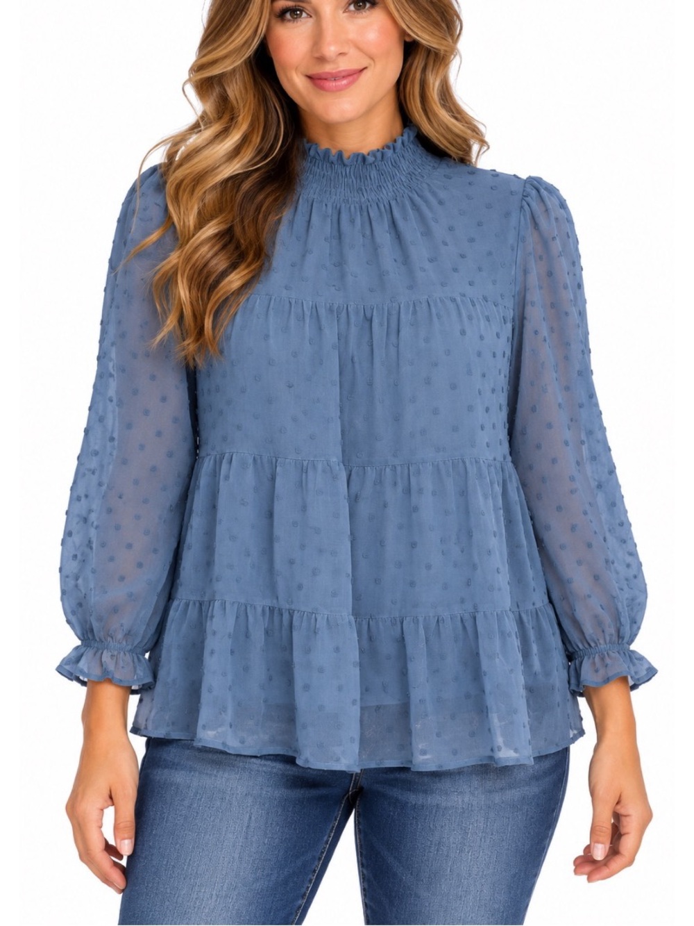 MONTEAU slate blue Swiss dot blouse- Medium NWT